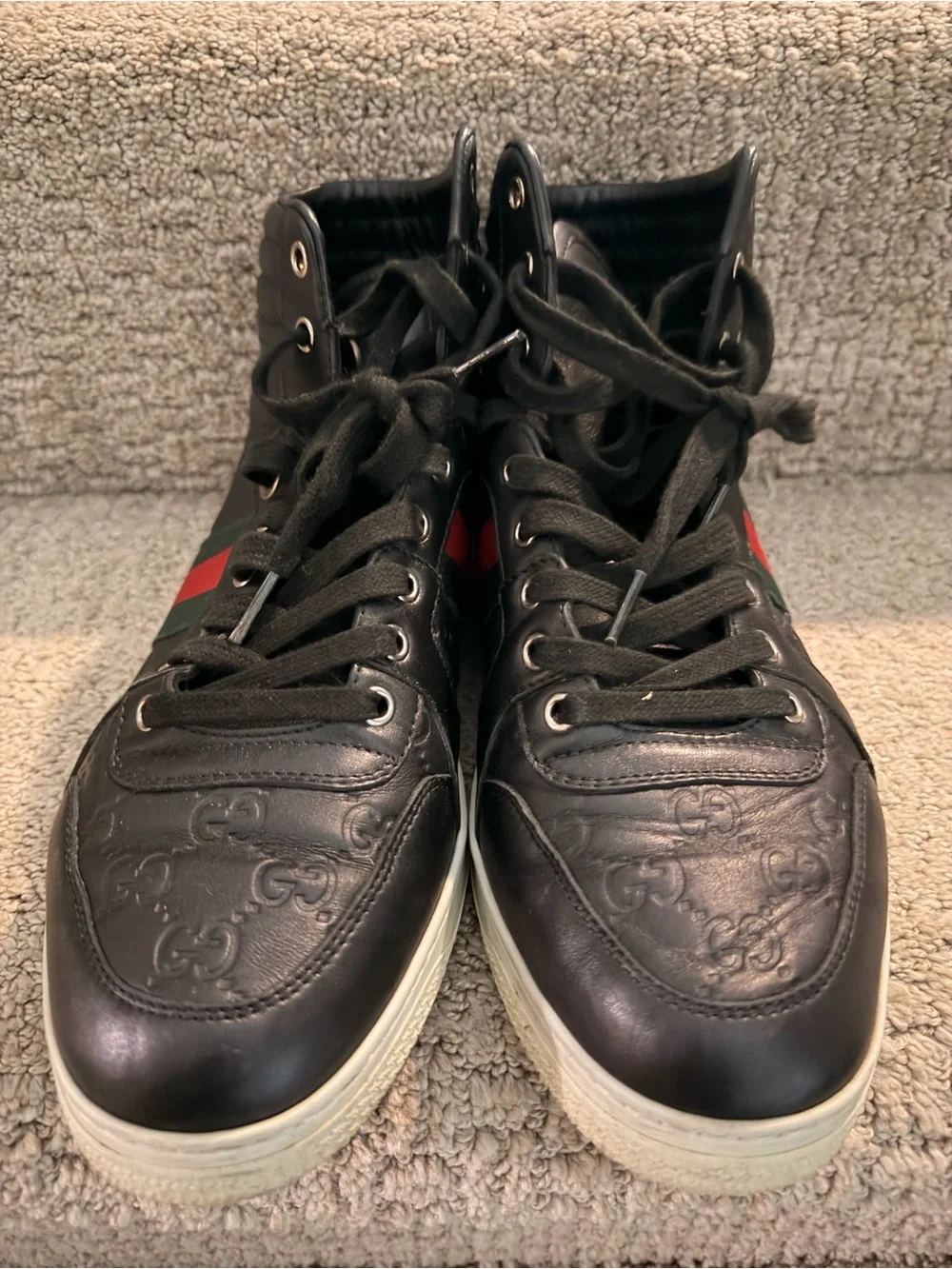 Gucci Black Leather High-Top Sneakers with Red & Green Web Stripe